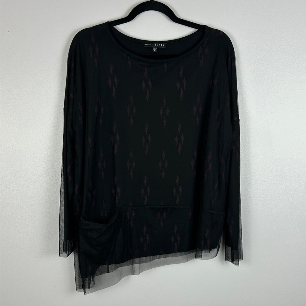 Kozan Black Mesh Top Sheer Overlay Tunic Long Sleeve Stretch Size Medium - Picture 2 of 14